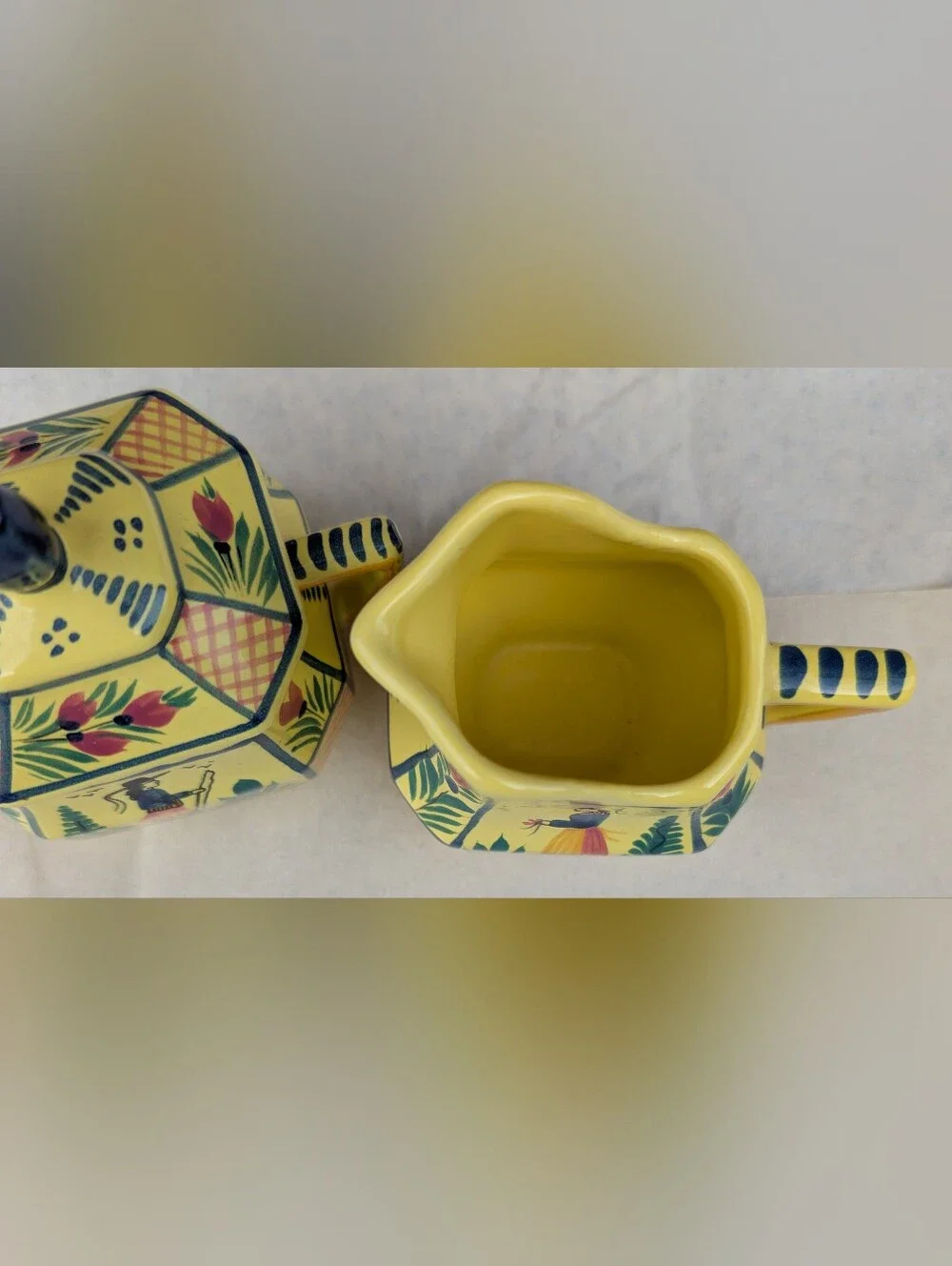 VTG HB Quimper Hand-Painted Yellow Ceramic Sugar and Creamer Set NICE CONDITION
